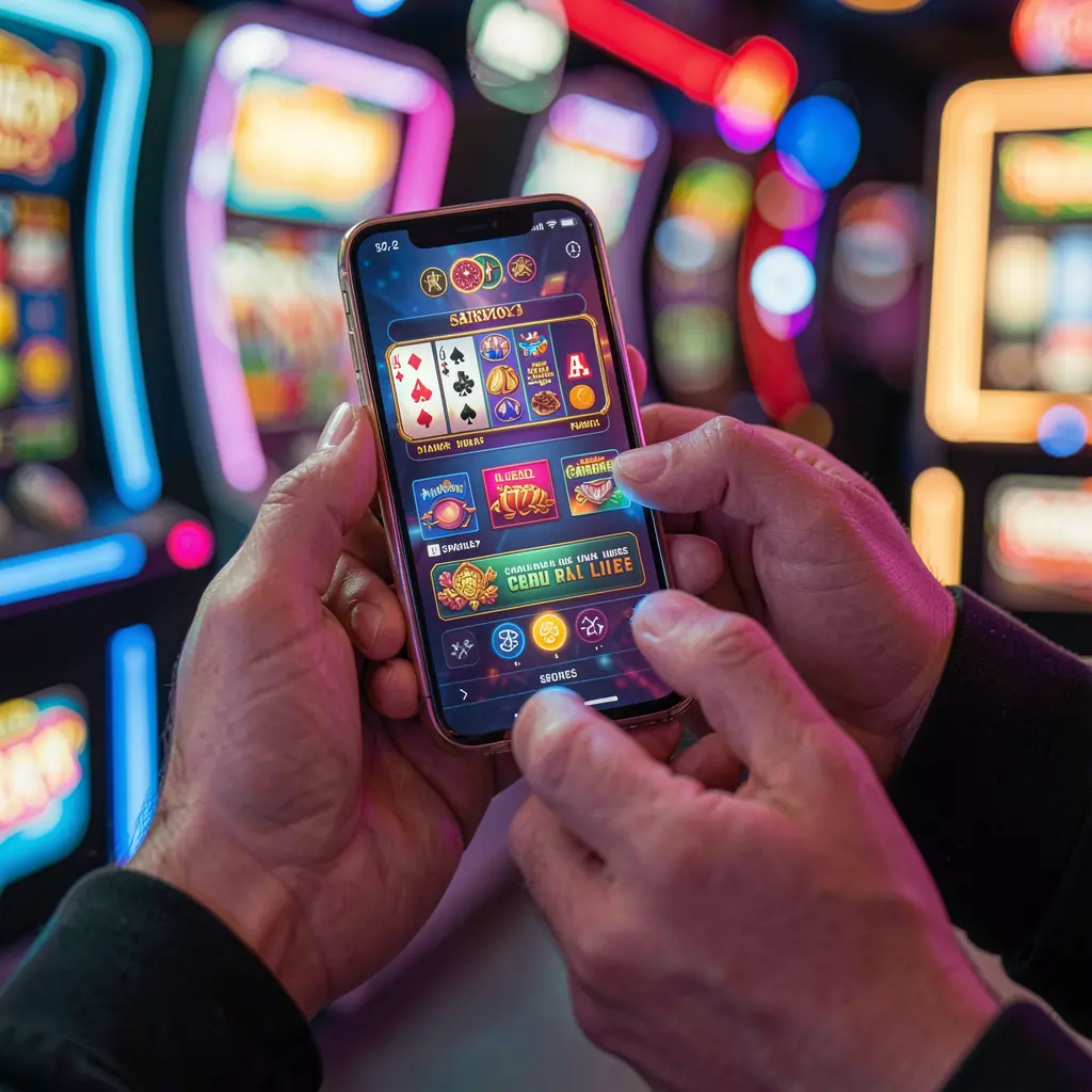 SEMANGAT33 App – Spin exciting slot games with smooth mobile gameplay Close up of a user playing colorful slot games on the SEMANGAT33 casino app with glowing neon casino style visuals on a smartphone
