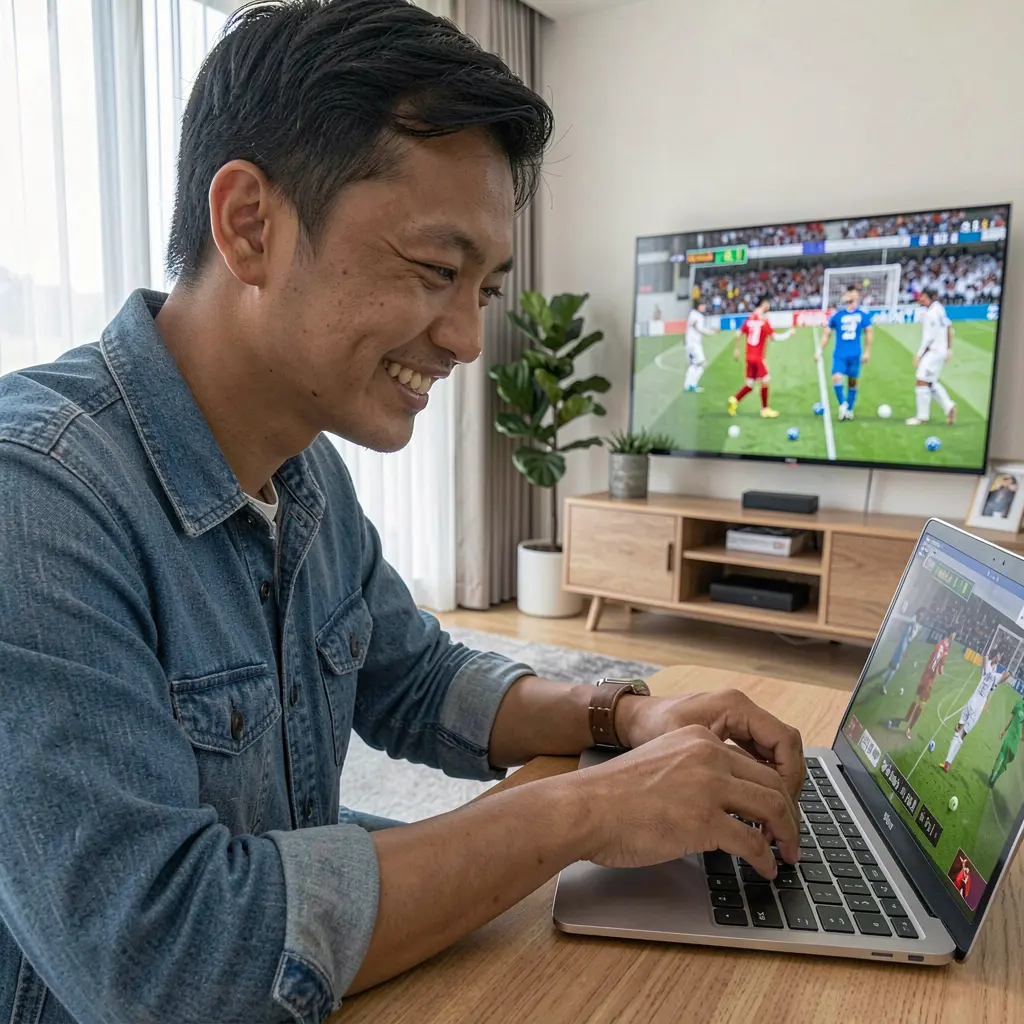 Happy Malaysian sports fan placing online soccer bets on a laptop at home while watching a live match on TV using the SEMANGAT33 platform