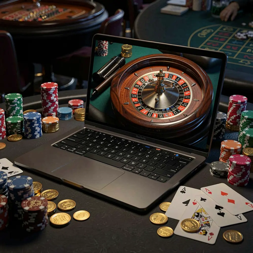 Close-up view of an online roulette wheel on a laptop surrounded by casino chips and cards symbolizing high stakes gameplay and excitement at SEMANGAT33 online casino in Malaysia