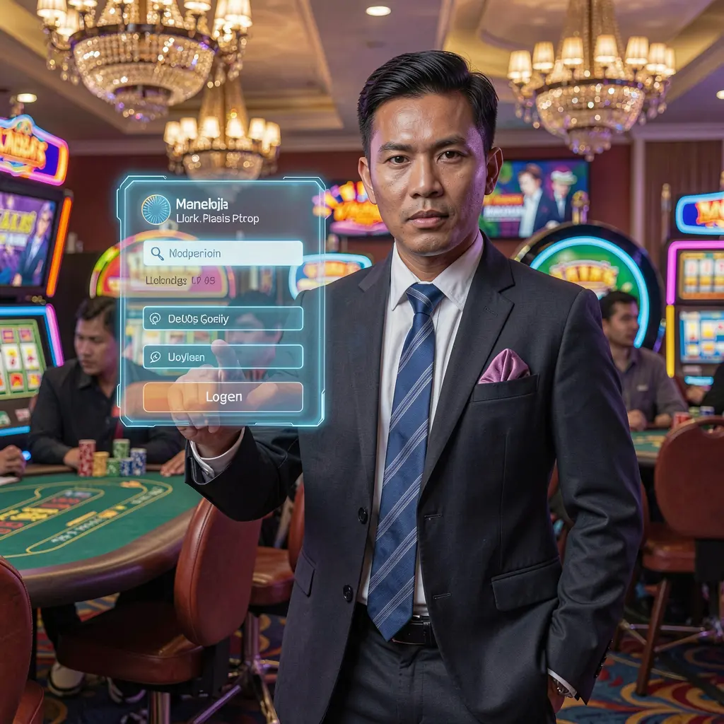 SEMANGAT33 Login – Secure and instant access to your gaming account in Malaysia Confident Malaysian casino dealer pointing toward a glowing holographic login button in a vibrant SEMANGAT33 casino scene