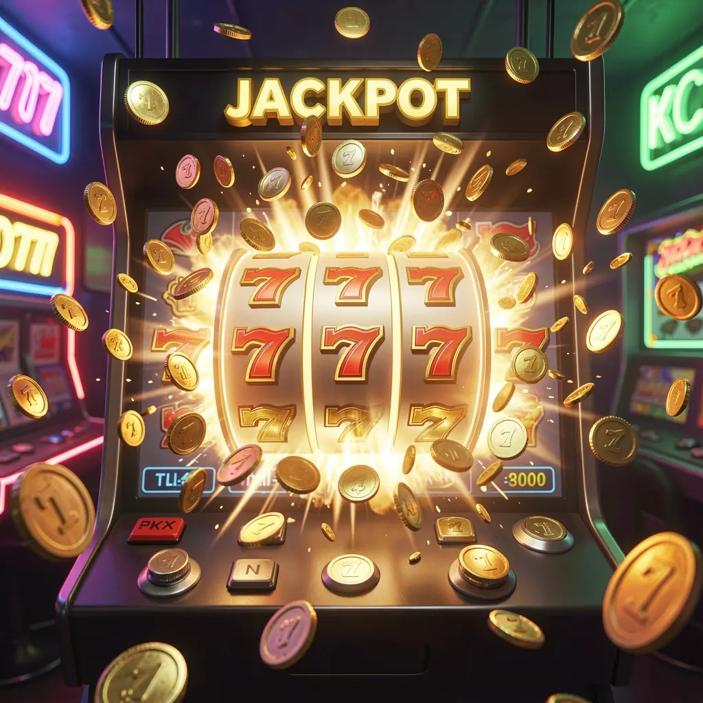 Close up view of a modern slot machine displaying triple sevens with sparkling coins highlighting the premium slot gaming environment at SEMANGAT33 Malaysia